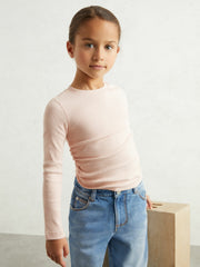 9-13 yrs Cotton Ruched Long-Sleeve T-Shirt with Stretch Pale Pink | Children