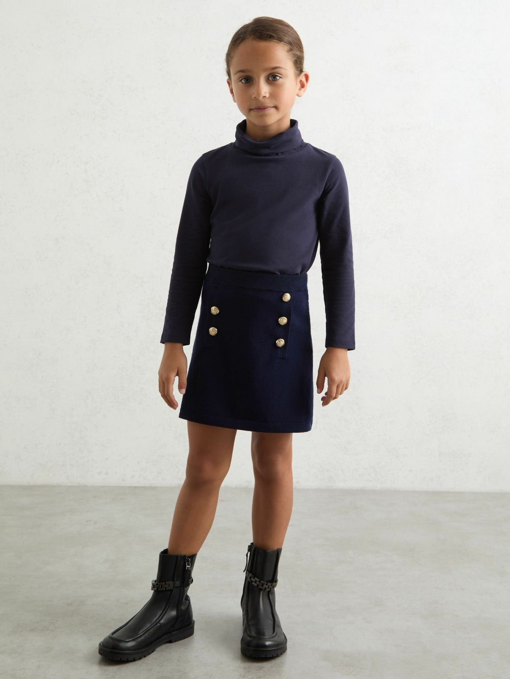 9-13 yrs Cotton-Jersey Roll-Neck Top with Stretch Navy | Children