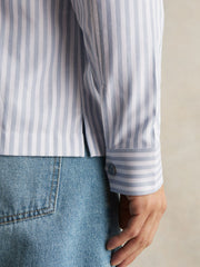 Cotton Stripe Zip-Through Shirt White/Soft Blue | Mens