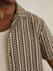 Zig-Zag Knit Cuban-Collar Shirt Tobacco Brown | Mens