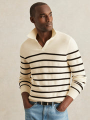 Cotton Blend Stripe Knit Polo Shirt Warm Stone/Black | Mens