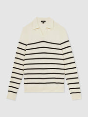 Cotton Blend Stripe Knit Polo Shirt Warm Stone/Black | Mens