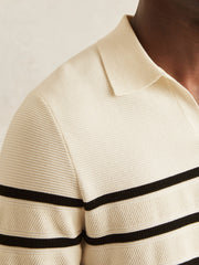 Cotton Blend Stripe Knit Polo Shirt Warm Stone/Black | Mens