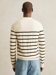 Cotton Blend Stripe Knit Polo Shirt Warm Stone/Black | Mens