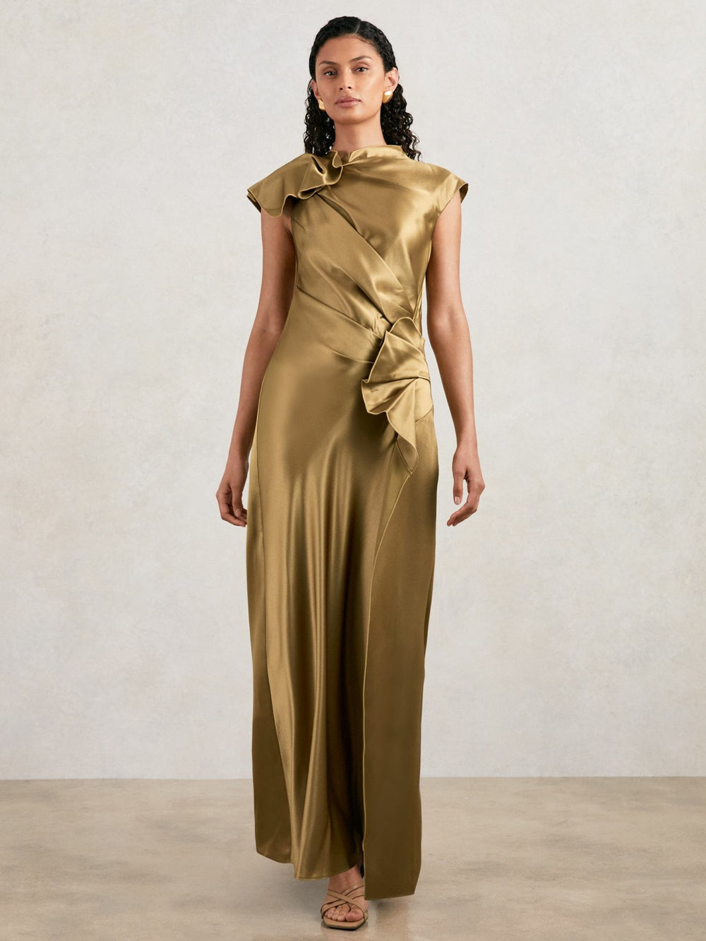 Acler Draped Satin Midi Dress Gold Moss | Womens