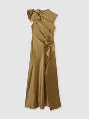 Acler Draped Satin Midi Dress Gold Moss | Womens