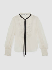 Lace-Embroidered Tie-Neck Shirt Cream | Womens