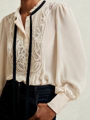 Lace-Embroidered Tie-Neck Shirt Cream | Womens