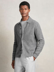 Wool Button Through Pointelle Shirt Mid Grey | Mens