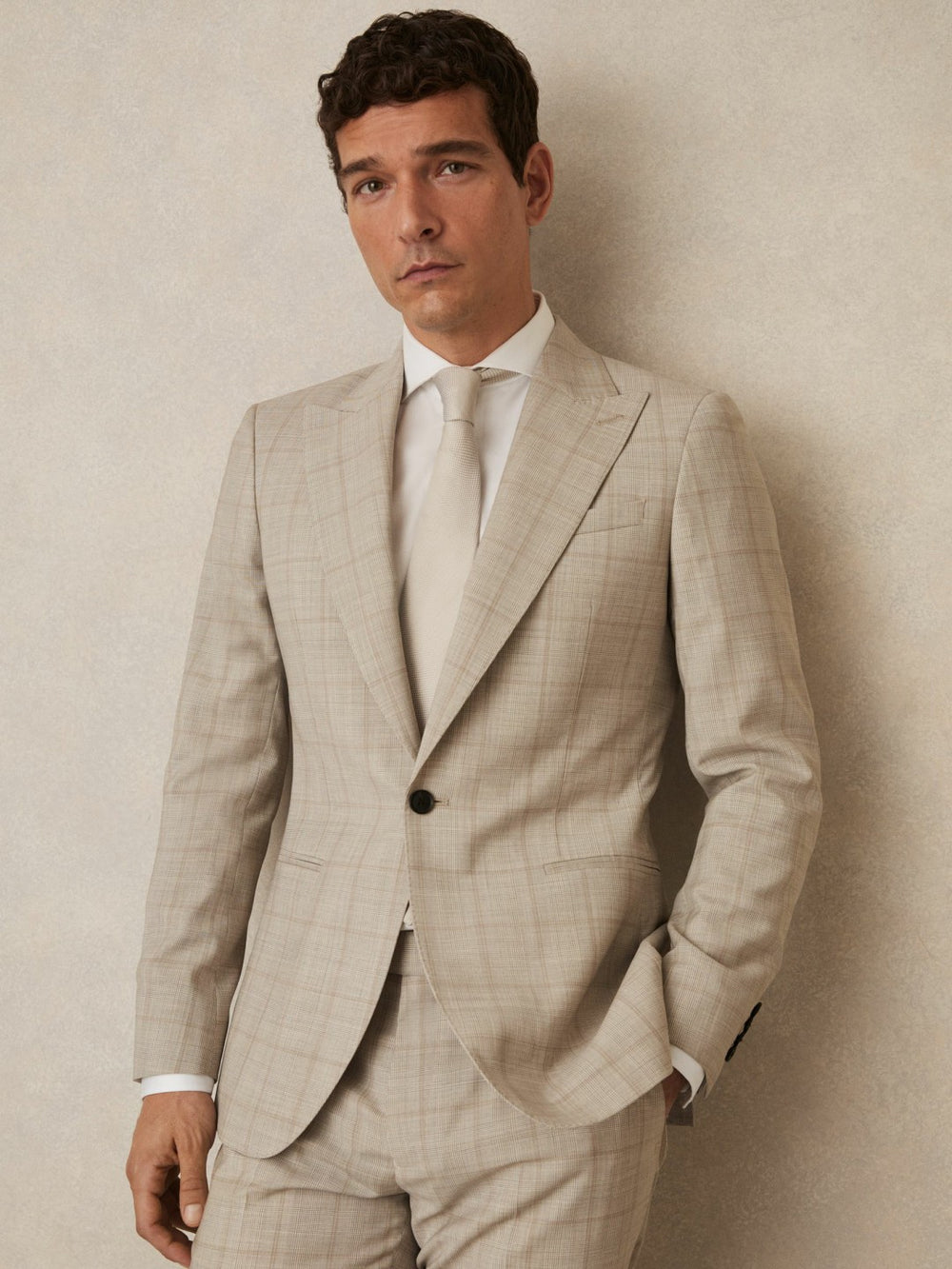 Slim-Fit Single-Breasted Wool Check Suit Blazer Oatmeal Brown | Mens