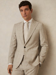 Slim-Fit Single-Breasted Wool Check Suit Blazer Oatmeal Brown | Mens