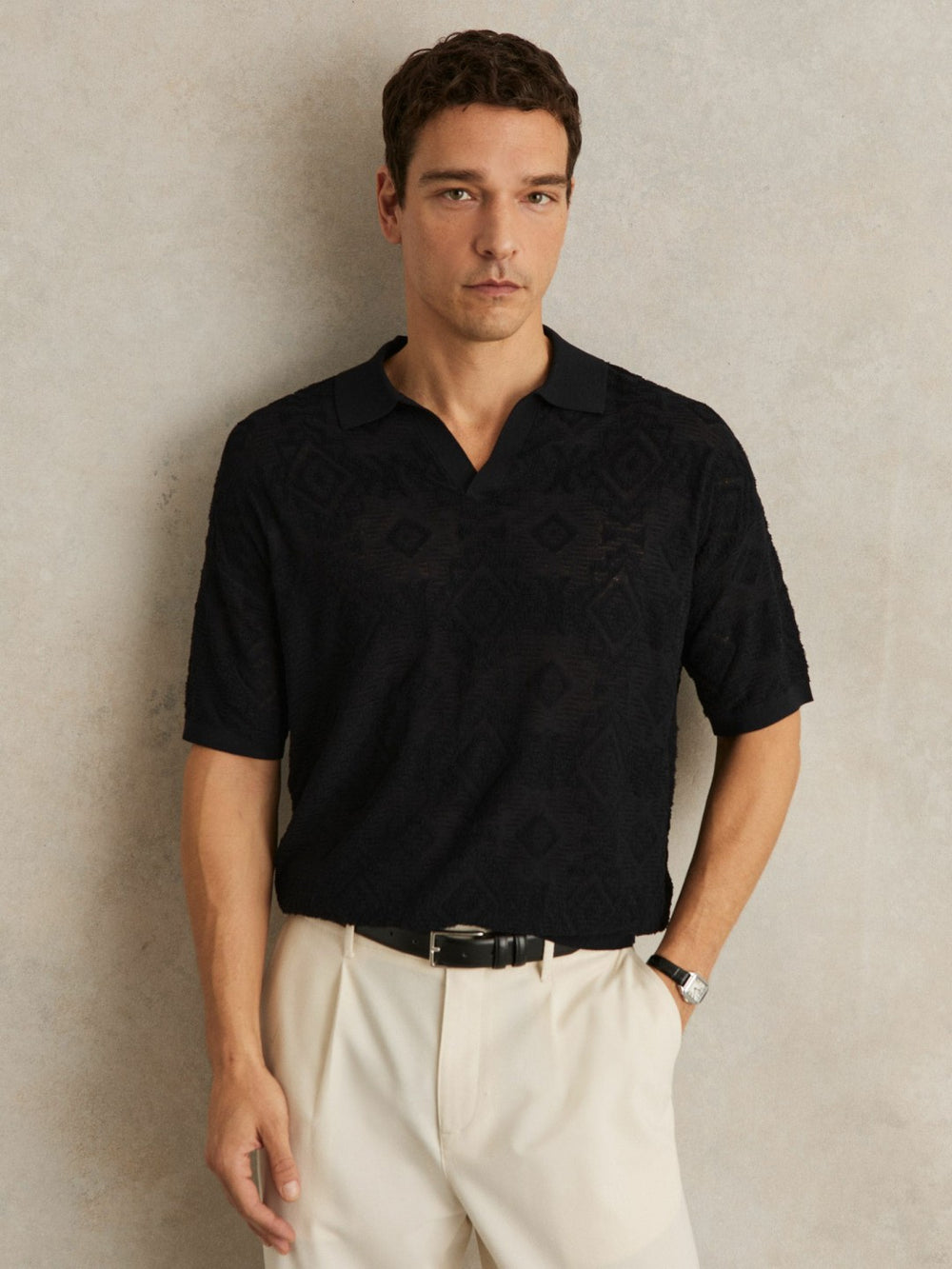 Jacquard Loop-Stitch Polo Shirt Navy | Mens