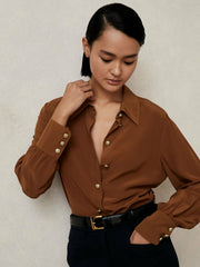 Silk Embossed-Button Shirt Tan Brown | Womens