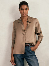 Silk-Satin Concealed-Placket Shirt Taupe Brown | Womens
