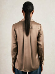 Silk-Satin Concealed-Placket Shirt Taupe Brown | Womens