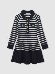 13-14 yrs Button-Detail Stripe Knitted Dress Navy/White | Children