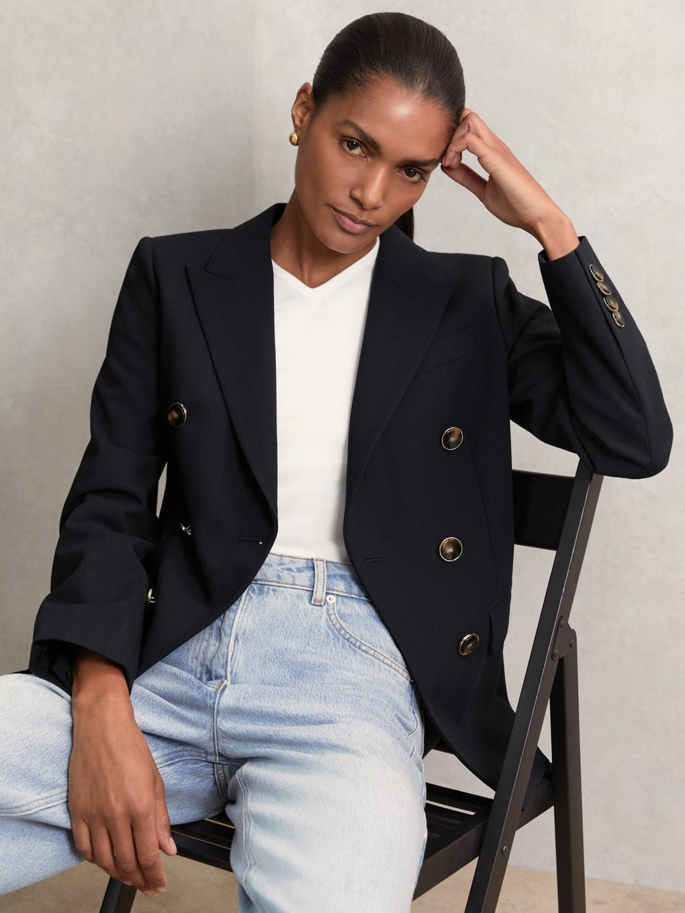 Petite Wool-Blend Double-Breasted Blazer Navy | Womens