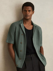 Cotton Textured-Knit Cuban-Collar Shirt Pine Green | Mens