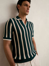 Cotton Blend Stripe Knit Polo Shirt Dark Teal Green/Ecru | Mens