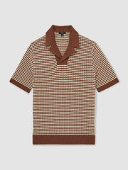 Cotton Textured Knit Stripe Polo Shirt Tobacco Brown/ Off White | Mens