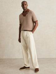 Cotton Textured Knit Stripe Polo Shirt Tobacco Brown/ Off White | Mens