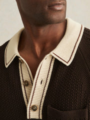 Cotton Textured Knit Contrast Polo Shirt Dark Brown/Stone | Mens