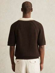 Cotton Textured Knit Contrast Polo Shirt Dark Brown/Stone | Mens