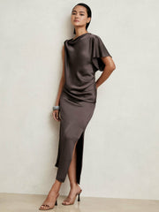 Satin Asymmetric Draped Midi Dress Mauve | Womens