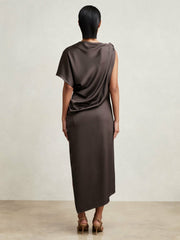 Satin Asymmetric Draped Midi Dress Mauve | Womens