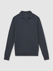 Merino Wool Open-Collar Polo Shirt Midnight Navy | Mens