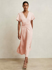 Ruched-Front Midi Dress Pale Pink | Womens