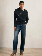 Rib-Knit Button Shawl Jumper Navy | Womens
