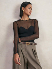 Mesh Knit Sweetheart Long-Sleeve Top Black | Womens