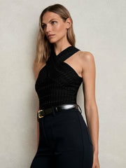 Cross Neck Textured Top Black | Womens