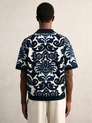 Paisley Jacquard Knit Shirt Navy Blue/White | Mens
