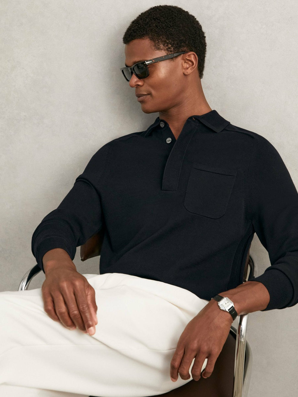 Cotton Concealed Placket Polo Shirt Navy | Mens
