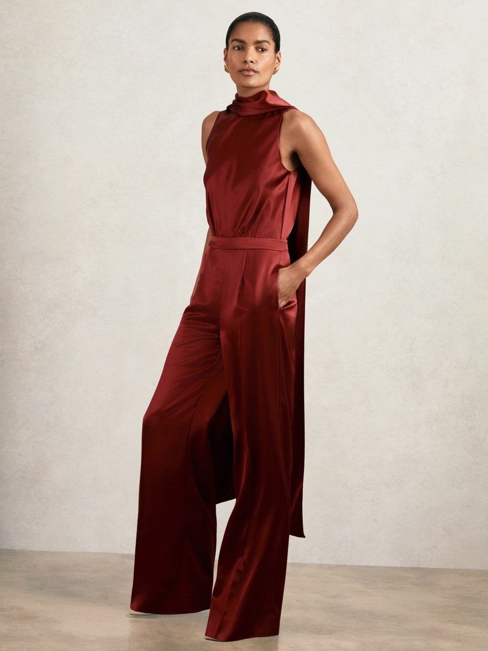 Satin Cape-Sash Jumpsuit Dark Red | Womens