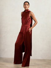 Satin Cape-Sash Jumpsuit Dark Red | Womens