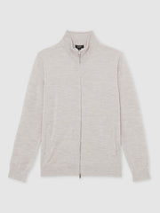 Merino Wool Zip Through Cardigan Wicker Brown Melange | Mens