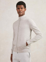 Merino Wool Zip Through Cardigan Wicker Brown Melange | Mens
