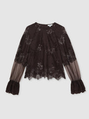 Lace Flared Cuff Blouse Chocolate Brown | Womens