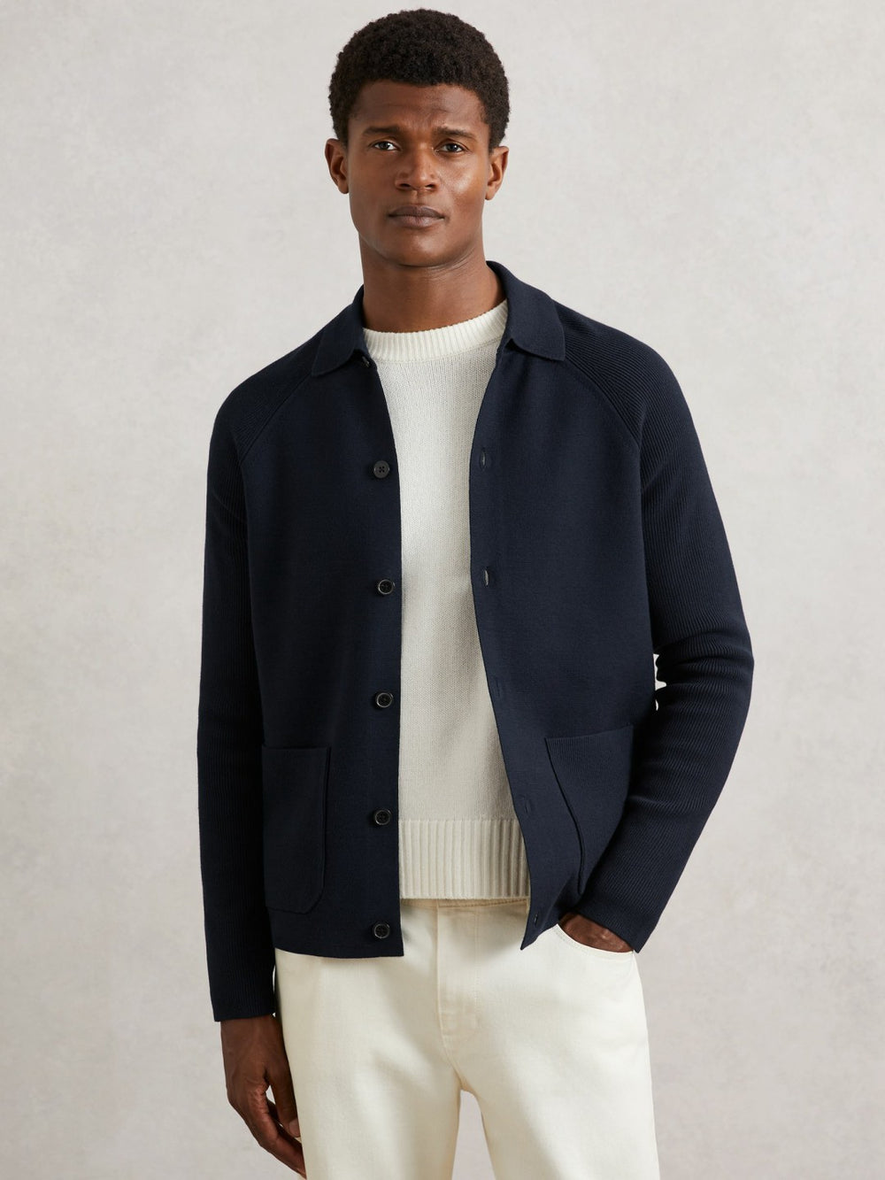 Button-Through Ribbed-Sleeve Shirt Navy Blue | Mens
