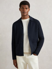 Button-Through Ribbed-Sleeve Shirt Navy Blue | Mens