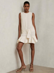 Ruffle Hem Belted Mini Dress Ivory | Womens