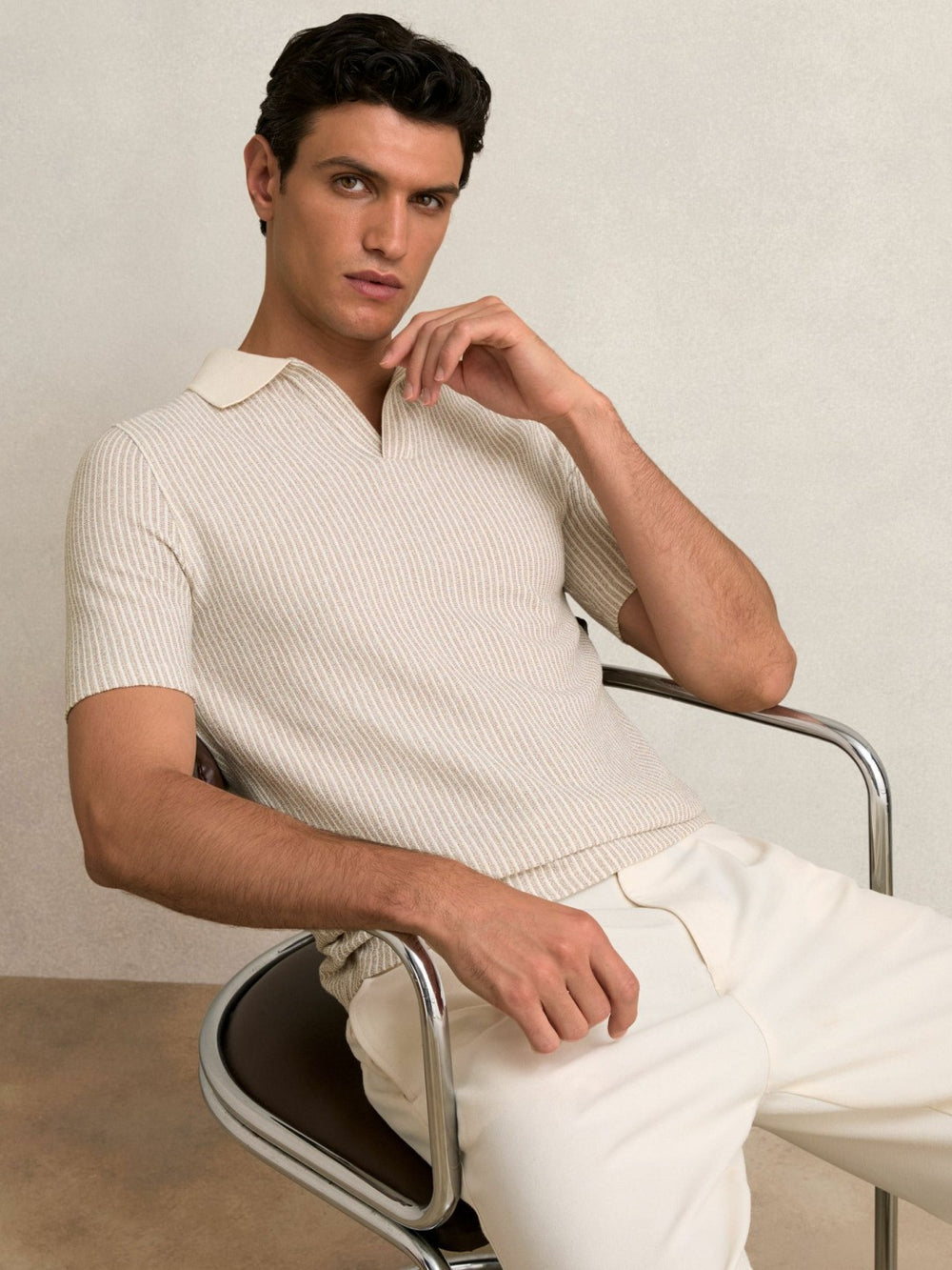 Cotton-Blend Stripe Polo Shirt Ecru/Taupe Brown | Mens