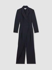 Pinstripe Tailored Wide-Leg Jumpsuit with Wool Navy | Womens