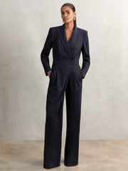 Pinstripe Tailored Wide-Leg Jumpsuit with Wool Navy | Womens