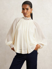 Lace-Trim Draped Chiffon Top Cream | Womens