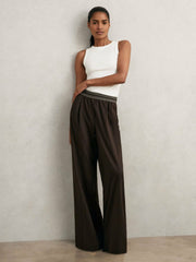 Petite Wide-Leg Contrast-Waistband Trousers Chocolate Brown | Womens
