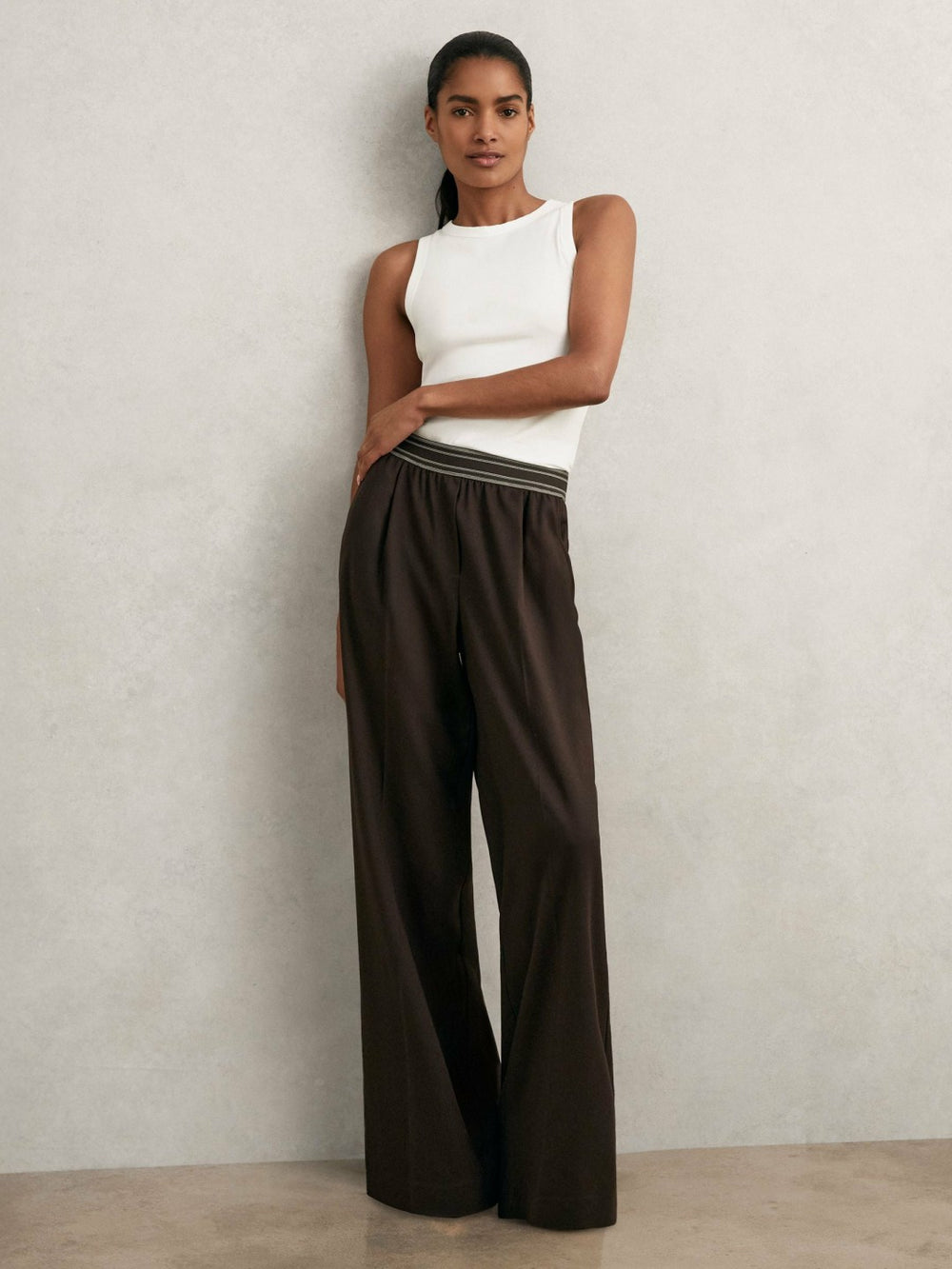 Wide-Leg Contrast-Waistband Trousers Chocolate Brown | Womens